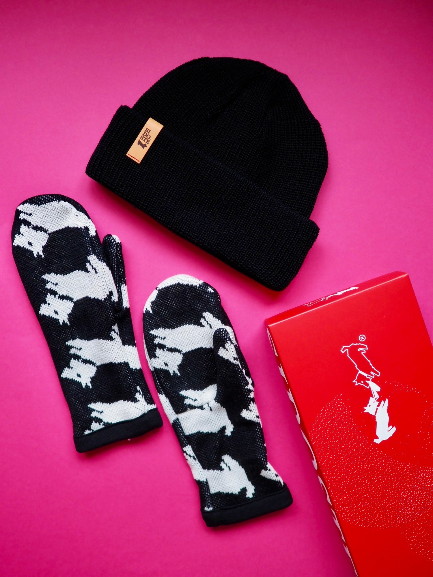 lahjapakkaus, merinovillapipo, merinovillalapaset aikuiselle, terrierikuvio, Sidoste 