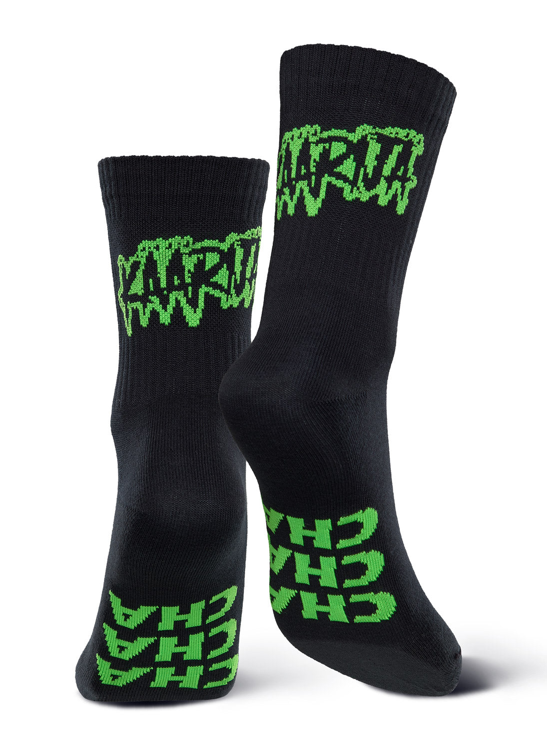 Black socks that have text in green both on leg part and sole. Text on leg says Kaarija and on sole Cha Cha Cha